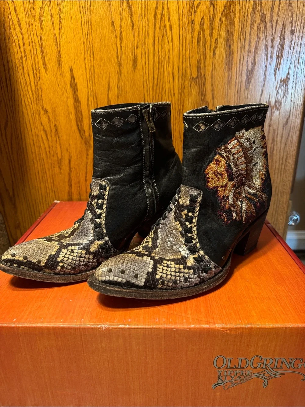 Old Gringo Mabel Black and Brown Snakeskin-Accent Western Ankle Boots